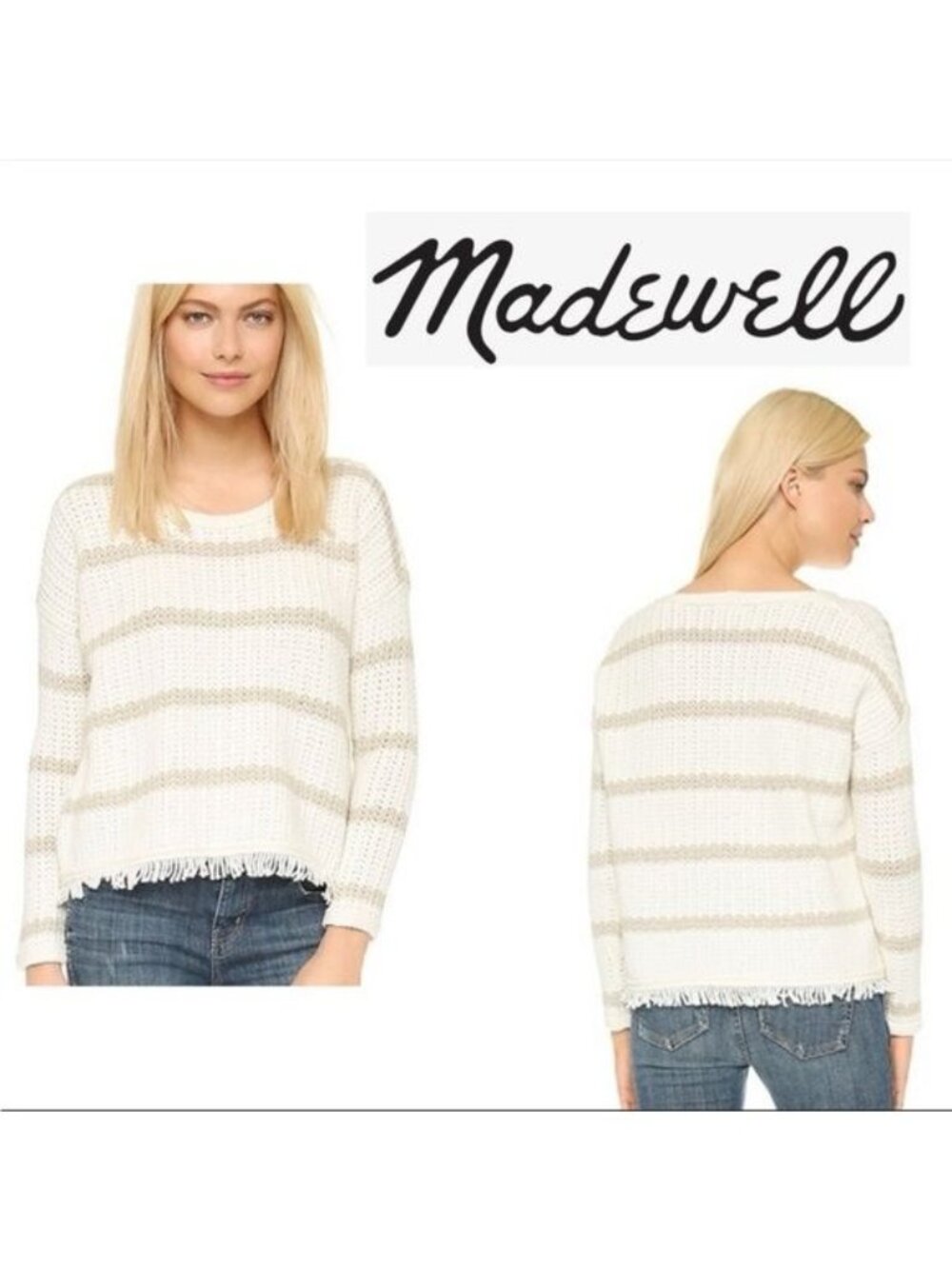 MADEWELL Fringe Sweater striped Ivory/Tan  Size XSmall